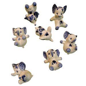 7 Tumbling Circus Miniature Ceramic Elephants Hand Painted Blue White Delft